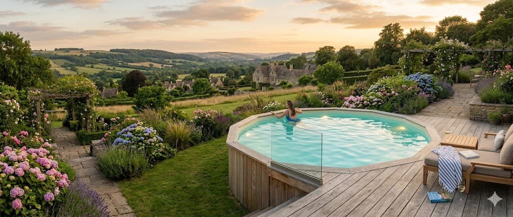 Wooden above ground pool in a UK garden